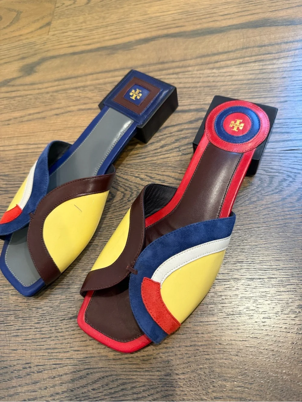 Tory Burch Multicolor Marquetry Leather Colorblock Slide Mules size S. Like new.